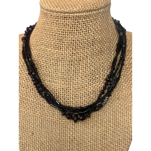 Vintage Estate Multi Strand Necklace Black Seed Glass Beads Silver Tone Adj 16" - Picture 1 of 5